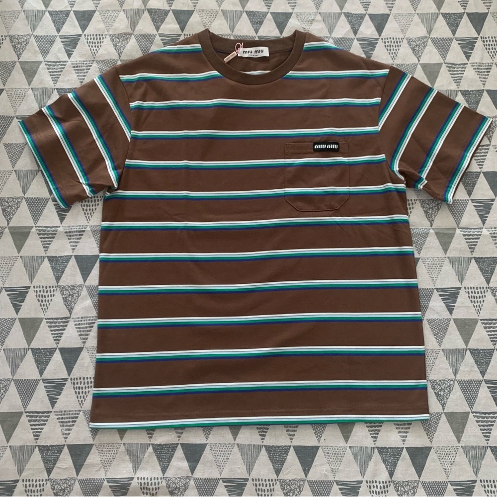 Miu Miu Brown Striped ShortSleeve T-Shirt Brown